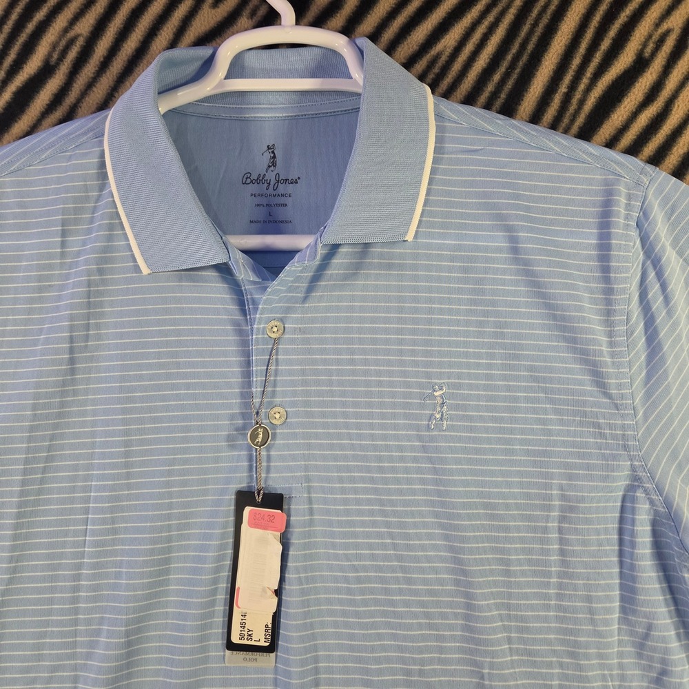 Bobby Jones X-H2O Performance Mens Large Light Blue Striped Golf Polo Shirt NWT